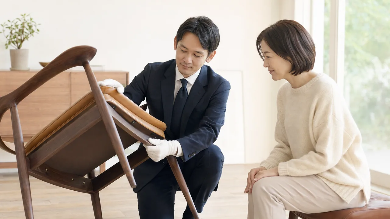 椅子の裏側を拝見して価値を見極める査定士
